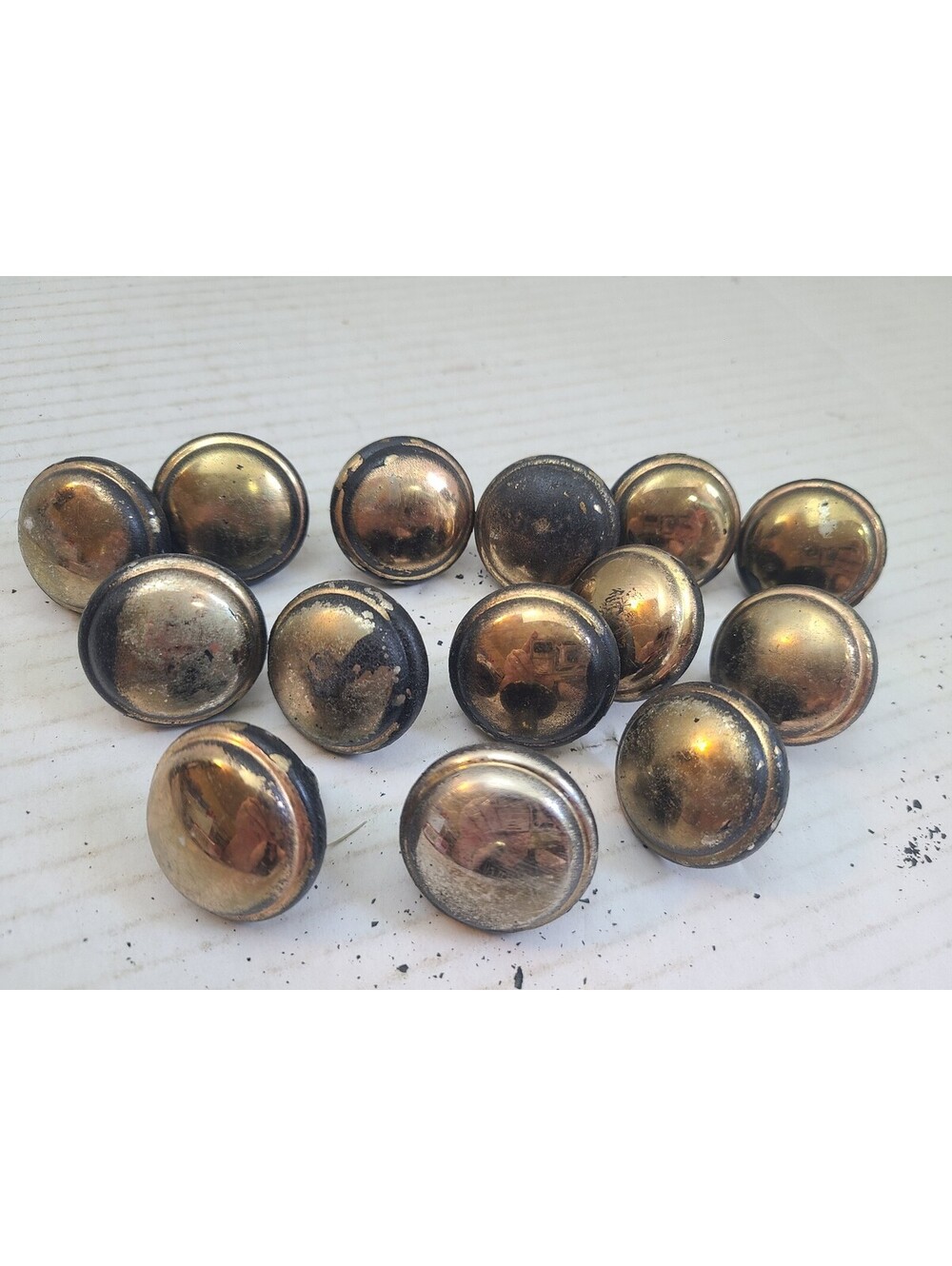 Set of 14 Brass Colored Cabinet Dresser Pull Knobs Vintage 1" Heavy Patina